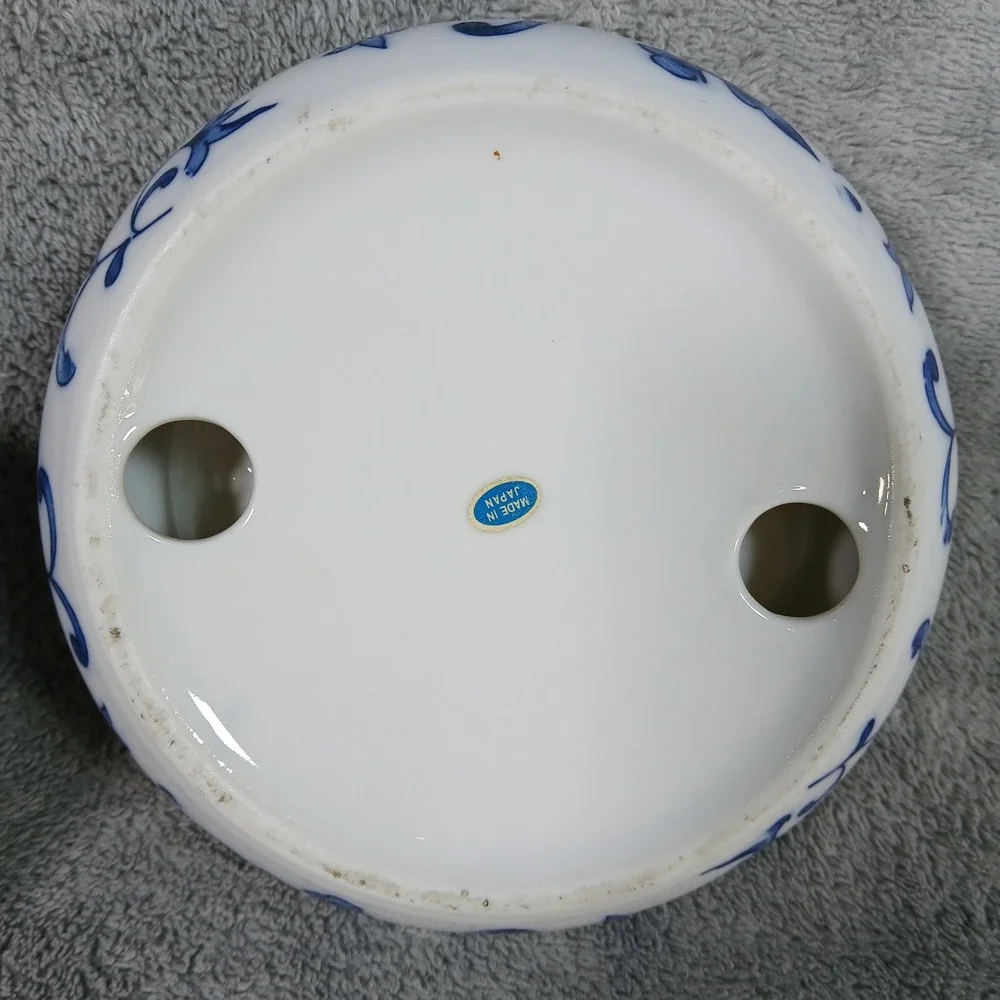 Vintage Bathroom Set  Soap Dish & Toothbrush Holder Blue Floral Porcelain Decor